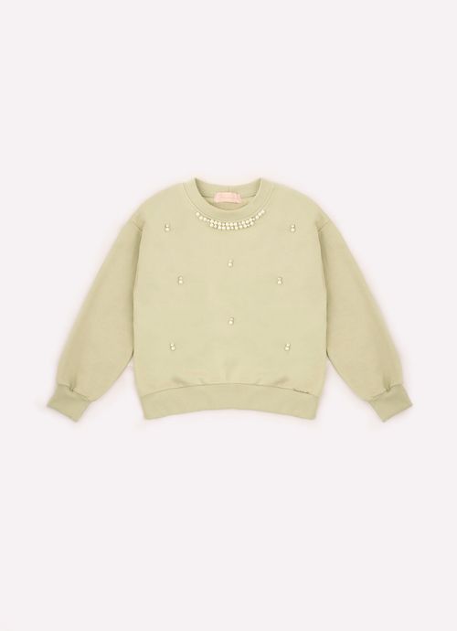 Olive Green Pearls and Crystals Embroidered Sweatshirt Blouse