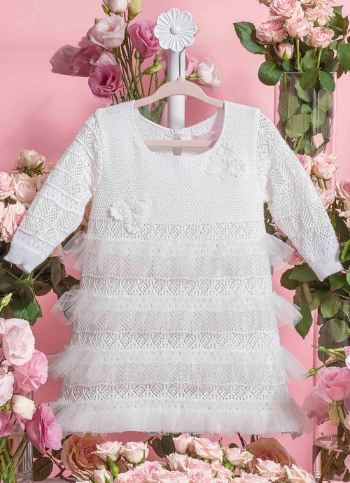 Vestido Tricot Rendado Babados Tule Gripir Branco