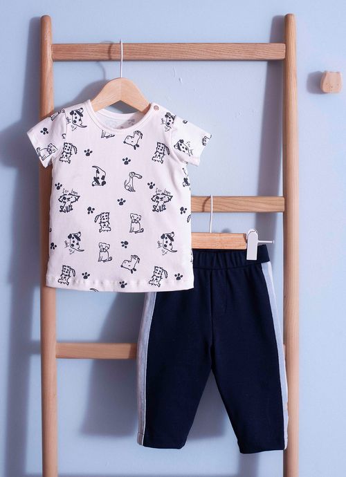 Conjunto Blusa Pima Cachorrinhos Calça Malha Listra Lateral Off White