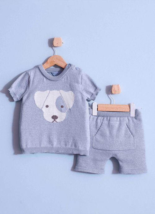 Conjunto Tricot Blusa Cachorrinho Manga Curta e Bermuda Canguru Mescla Azul Claro