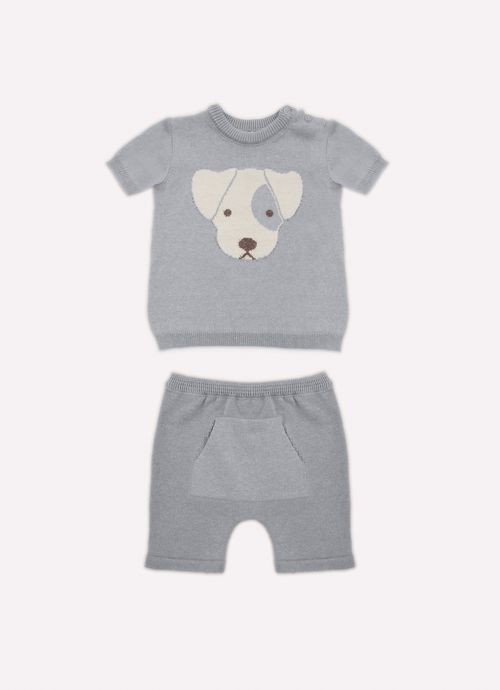 Conjunto Tricot Blusa Cachorrinho Manga Curta e Bermuda Canguru Mescla Azul Claro