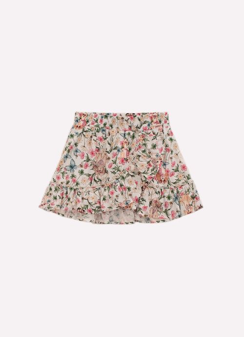 Saia Short Algodão Estampado Cachorro e Flores Babado