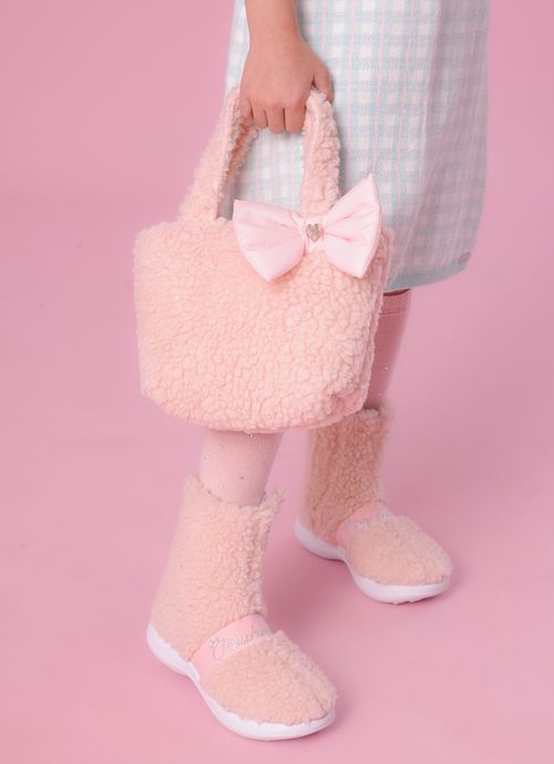Bolsa Pele Carneirinho Laço Puffer Rosa Baby