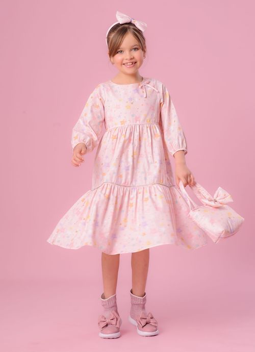 Vestido Algodão Estampado Estrelas Babados