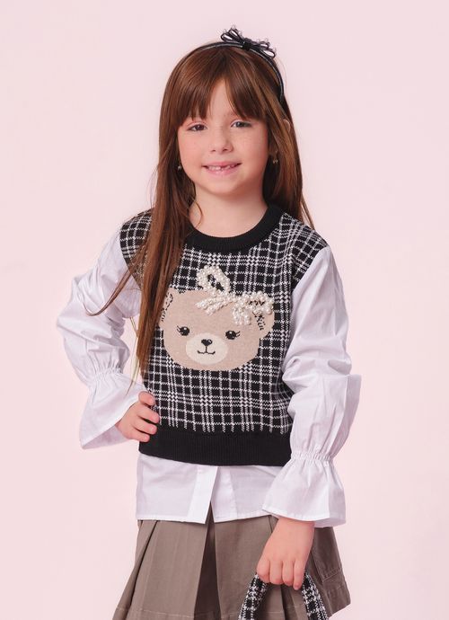 Blusa Tricot Xadrez Ursinha Mangas Tricoline Branca