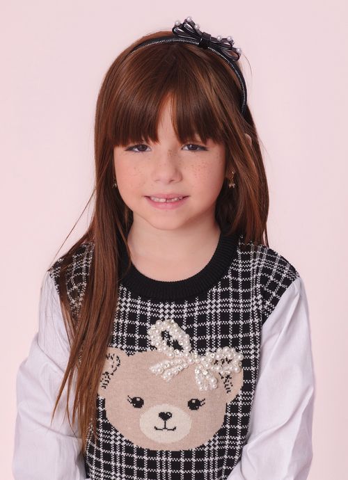 Blusa Tricot Xadrez Ursinha Mangas Tricoline Branca