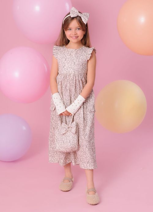 Vestido Midi Algodão Estampado Toile Bolsos Babadinho