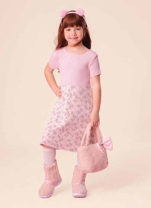 Vestido Tricot Canelado Saia Jacquard Floral