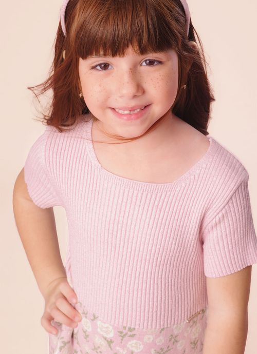 Vestido Tricot Canelado Saia Jacquard Floral