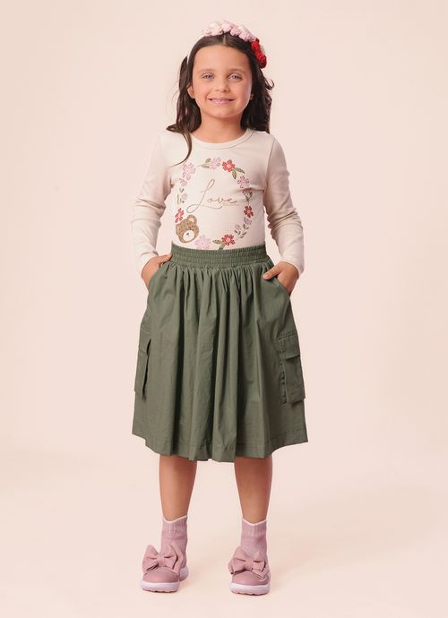 Saia Short Midi Tricoline Bolsos Verde Eucalyptus