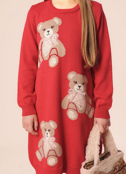 Vestido Tricot Ursinhas Cristais Vermelho